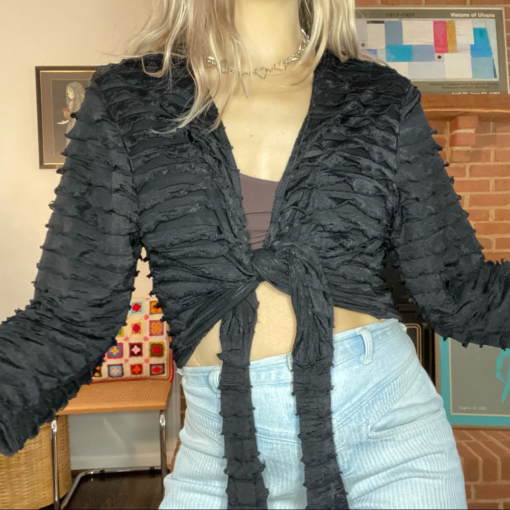 Vintage 90s VeJais Designs Romantic Ruffle Frills Tie Up Cropped Cardiga…